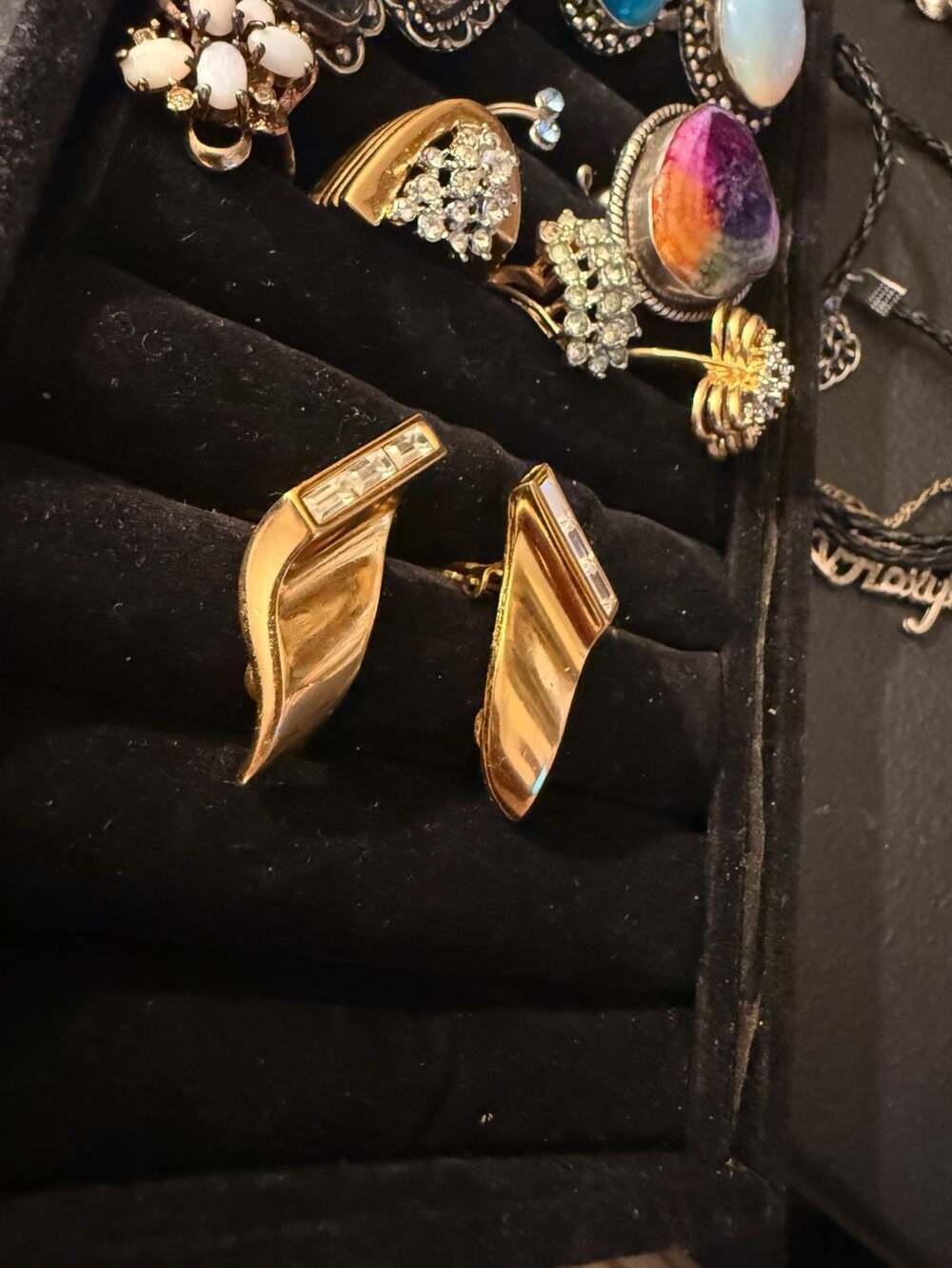 Vintage 1976 Givenchy Gold Tone Geometric Baguette Rhinestone Clip-On Earrings - Picture 3 of 5